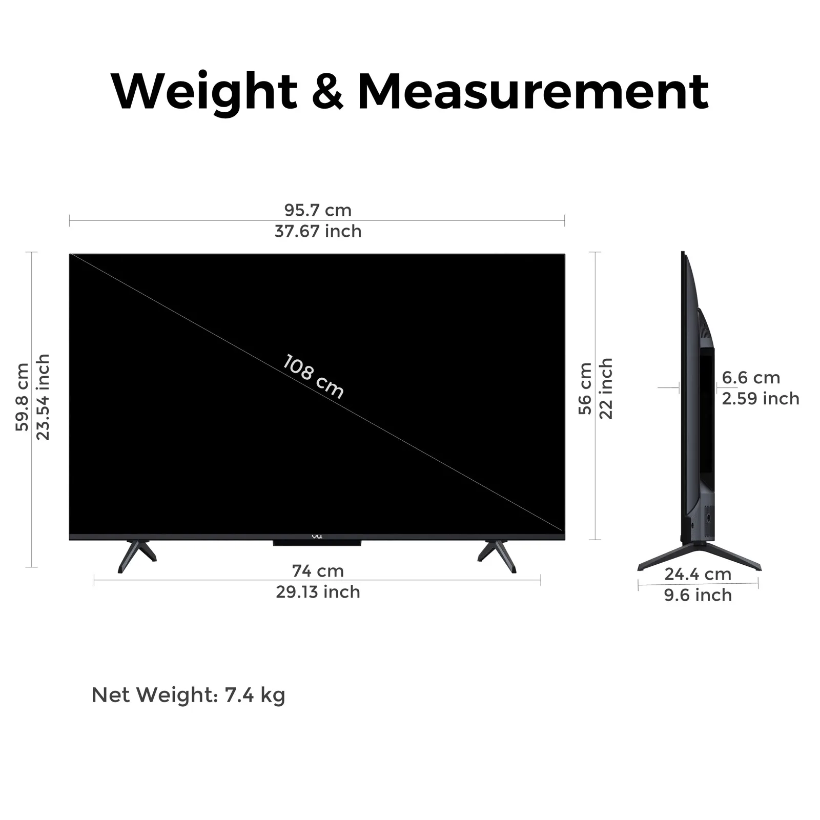 Dimensions and weight specifications of Vu Glo MiniLED TV 43 inch model